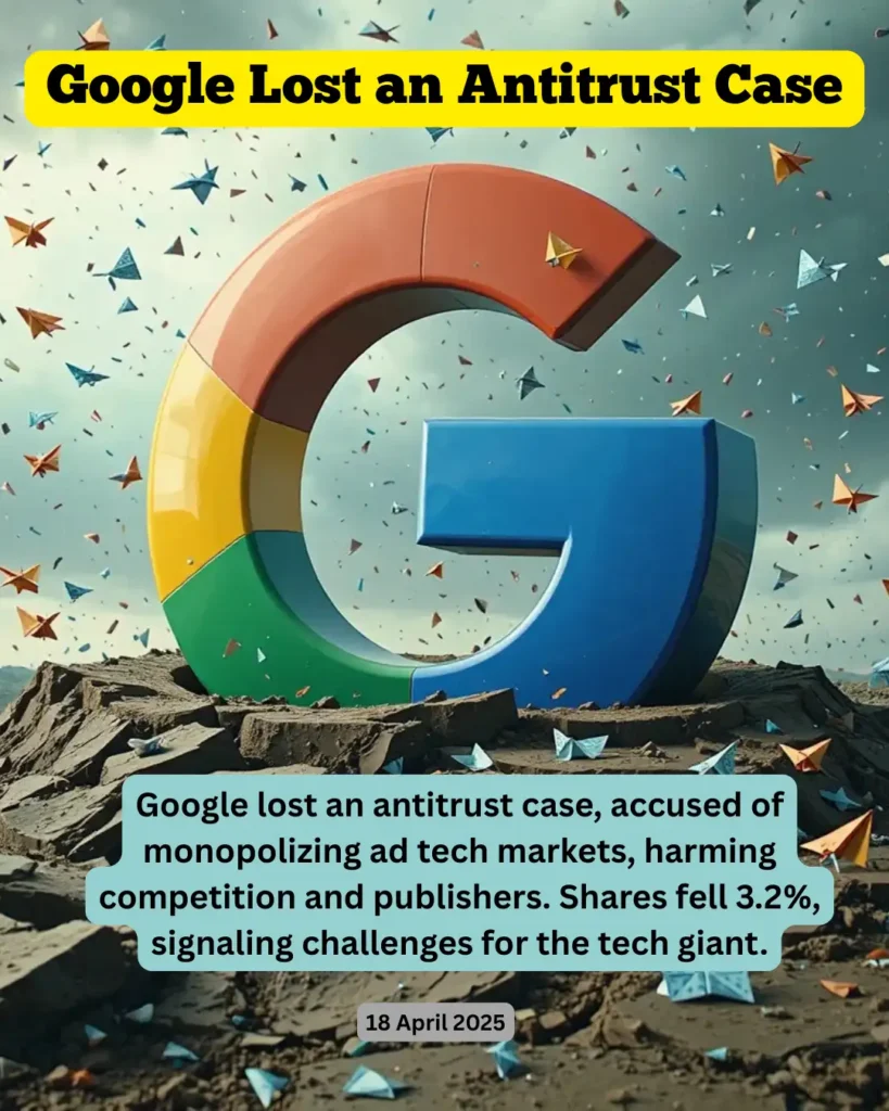 Google lost an antitrust case, accused of monopolizing ad tech markets, harming competition and publishers. Shares fell 3.2%, signaling challenges for the tech giant.