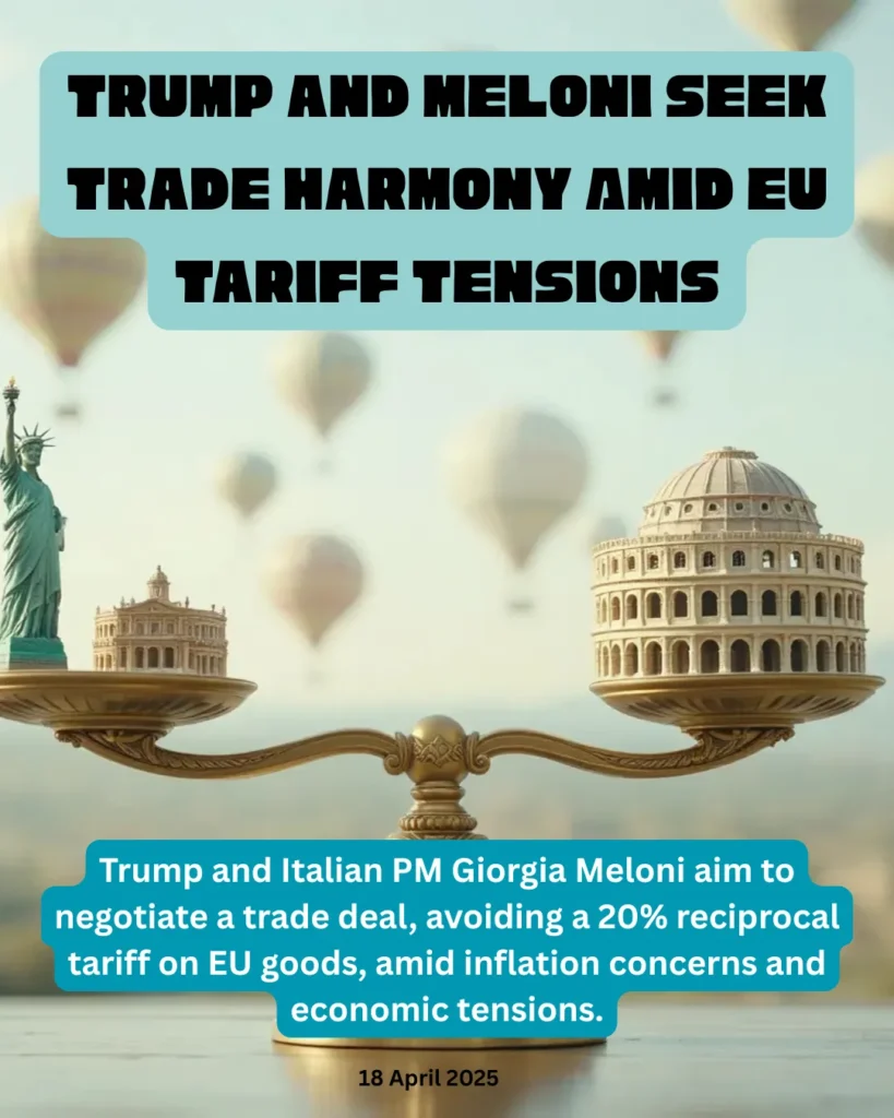 Trump and Italian PM Giorgia Meloni aim to negotiate a trade deal, avoiding a 20% reciprocal tariff on EU goods, amid inflation concerns and economic tensions.