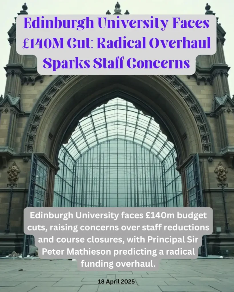 Edinburgh University faces £140m budget cuts, raising concerns over staff reductions and course closures, with Principal Sir Peter Mathieson predicting a radical funding overhaul.