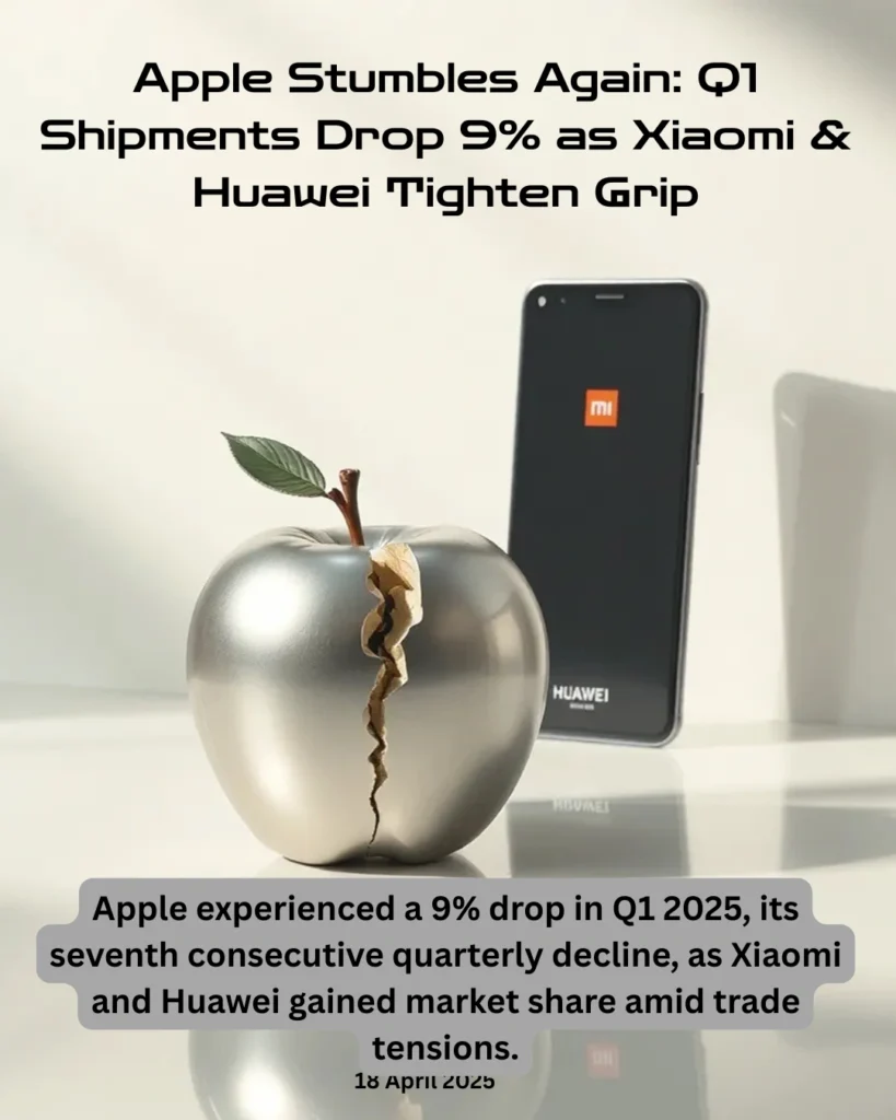 Apple experienced a 9% drop in Q1 2025, its seventh consecutive quarterly decline, as Xiaomi and Huawei gained market share amid trade tensions.