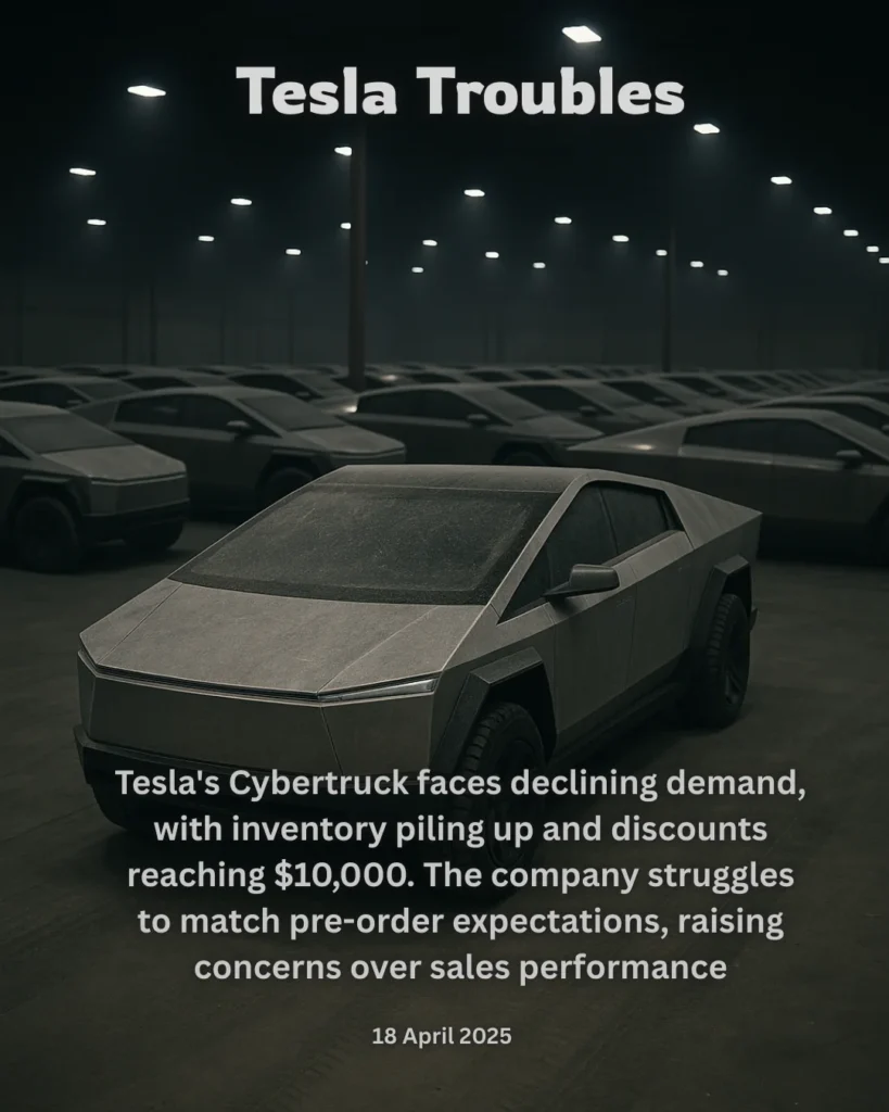 Tesla's Cybertruck faces declining demand, with inventory piling up and discounts reaching $10,000. The company struggles to match pre-order expectations, raising concerns over sales performance