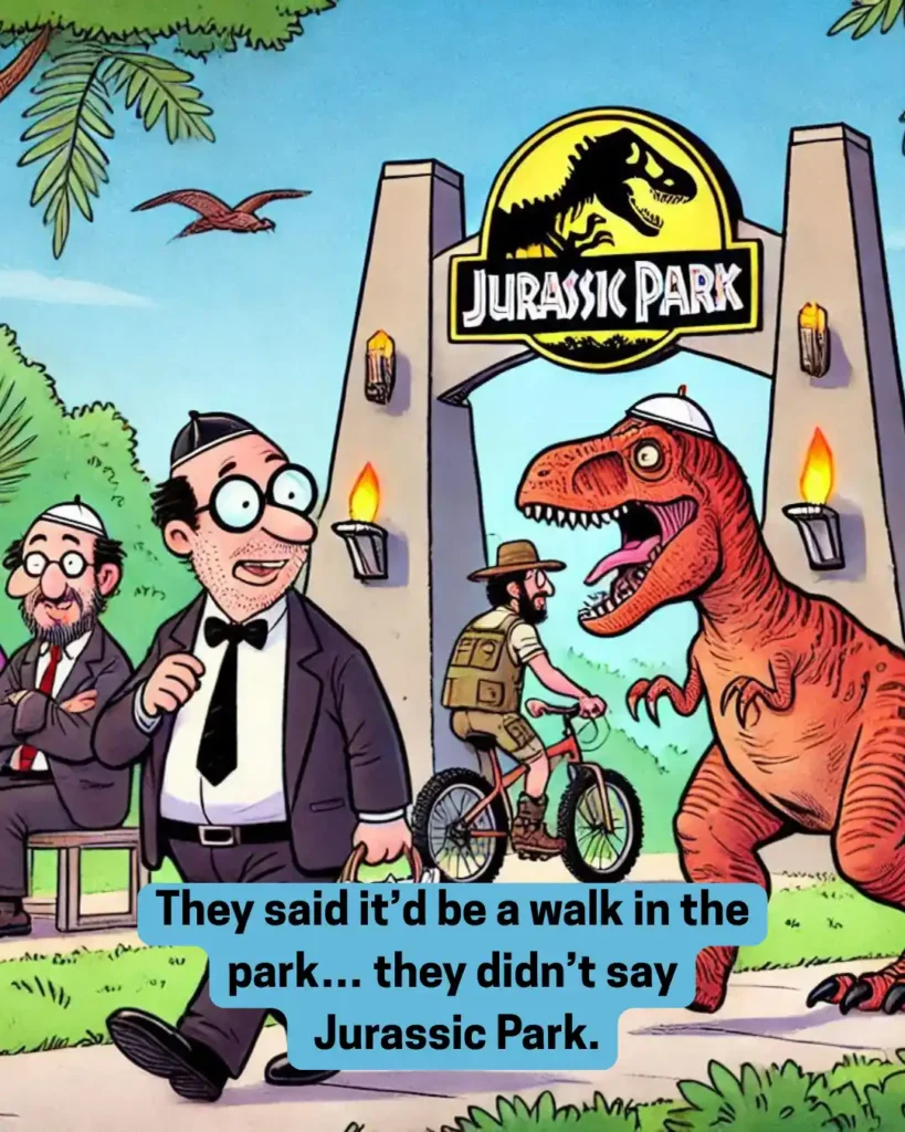 Jurassic Park walk -
#jurassicpark, #dinosaur, #funnycartoon, #humor, #walkinthepark, #unexpected, #comicart, #illustration, #adventure, #surprise, #bicycleride, #businessmen, #trex, #parkentrance, #funnyquote, #cartooncharacters, #dinosaurencounter, #amusing, #creativeart, #entertainment