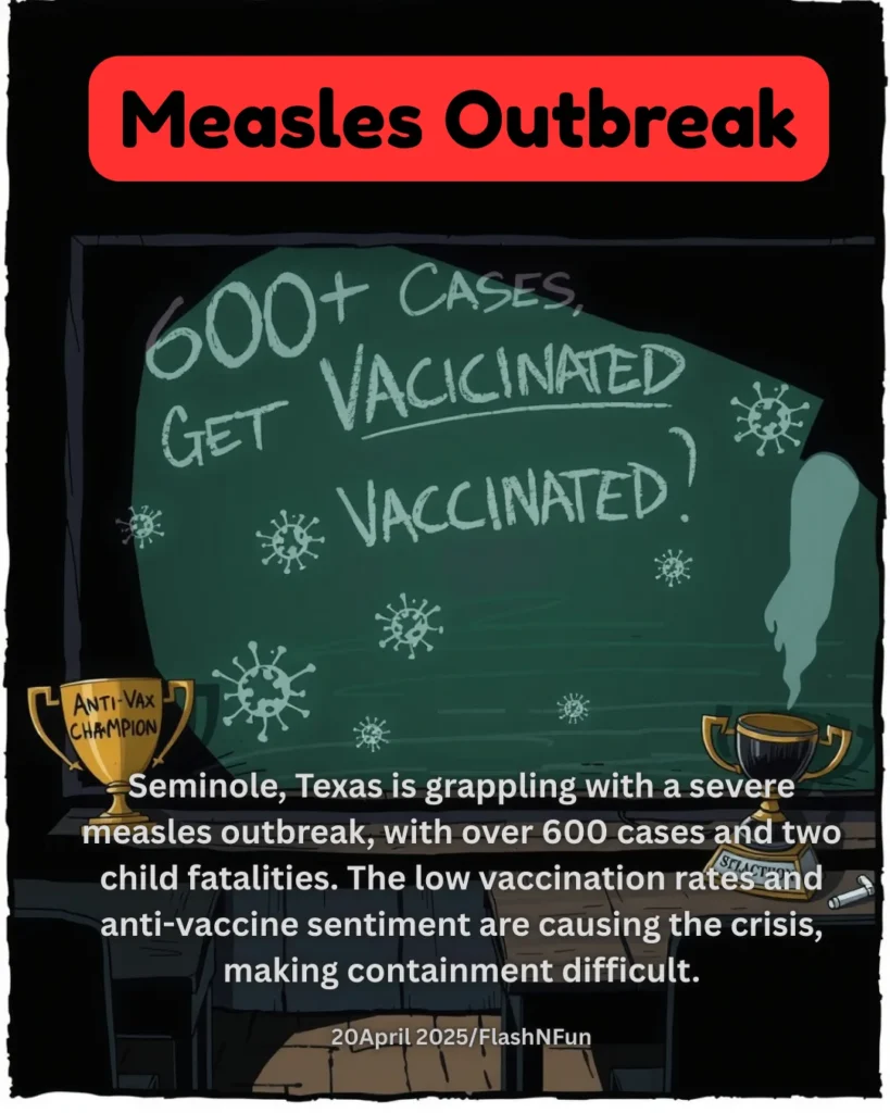 Seminole, Texas is grappling with a severe measles outbreak, with over 600 cases and two child fatalities. The low vaccination rates and anti-vaccine sentiment are causing the crisis, making containment difficult.