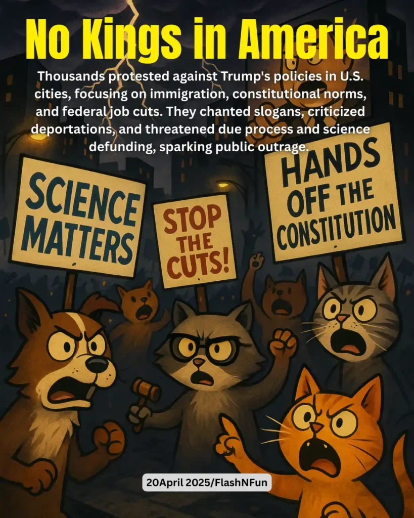 Thousands protested against Trump's policies in U.S. cities, focusing on immigration, constitutional norms, and federal job cuts. They chanted slogans, criticized deportations, and threatened due process and science defunding, sparking public outrage.