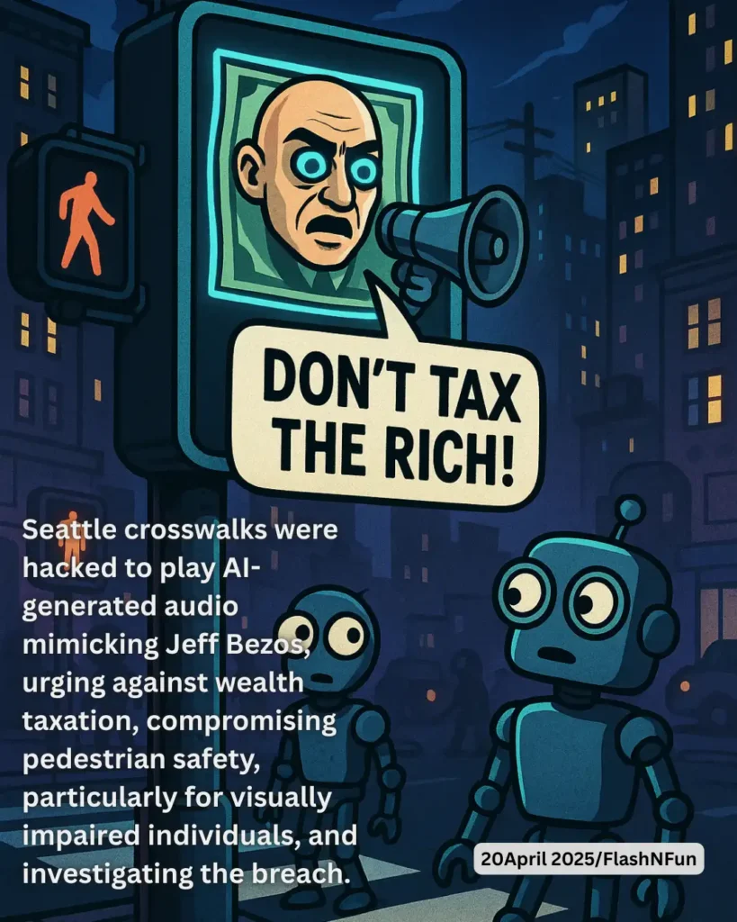 Seattle crosswalks were hacked to play AI-generated audio mimicking Jeff Bezos, urging against wealth taxation, compromising pedestrian safety, particularly for visually impaired individuals, and investigating the breach