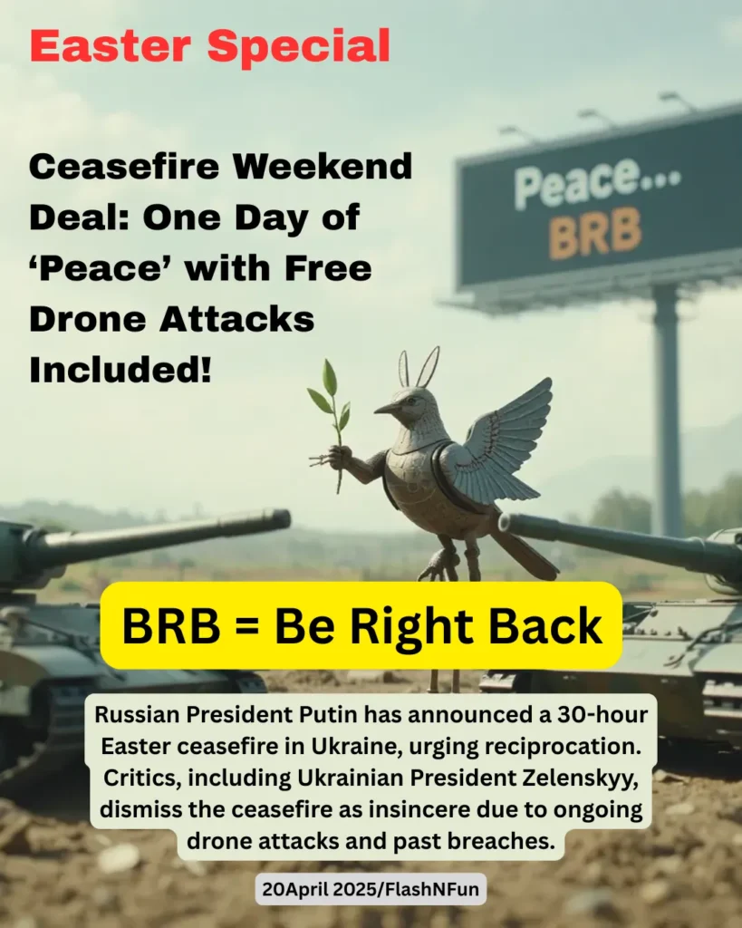 Russian President Putin has announced a 30-hour Easter ceasefire in Ukraine, urging reciprocation. Critics, including Ukrainian President Zelenskyy, dismiss the ceasefire as insincere due to ongoing drone attacks and past breaches.
