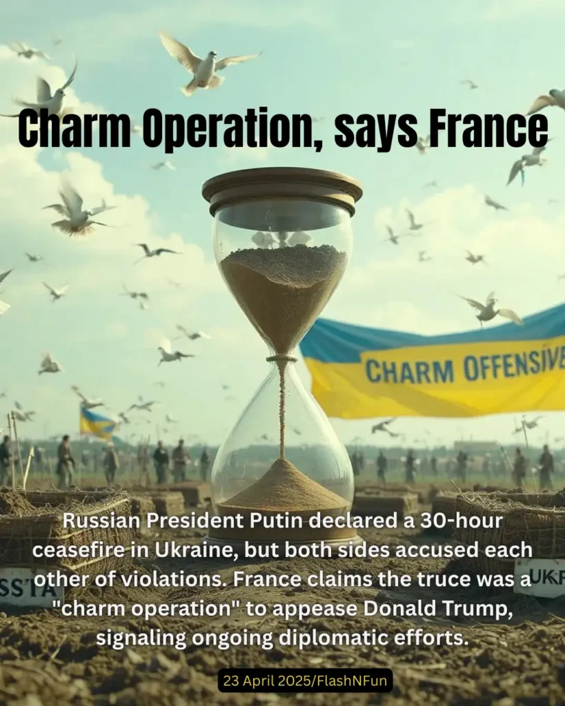 Russian President Putin declared a 30-hour ceasefire in Ukraine, but both sides accused each other of violations. France claims the truce was a "charm operation" to appease Donald Trump, signaling ongoing diplomatic efforts.