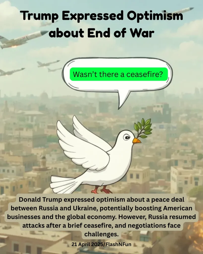 Donald Trump expressed optimism about a peace deal between Russia and Ukraine, potentially boosting American businesses and the global economy. However, Russia resumed attacks after a brief ceasefire, and negotiations face challenges.