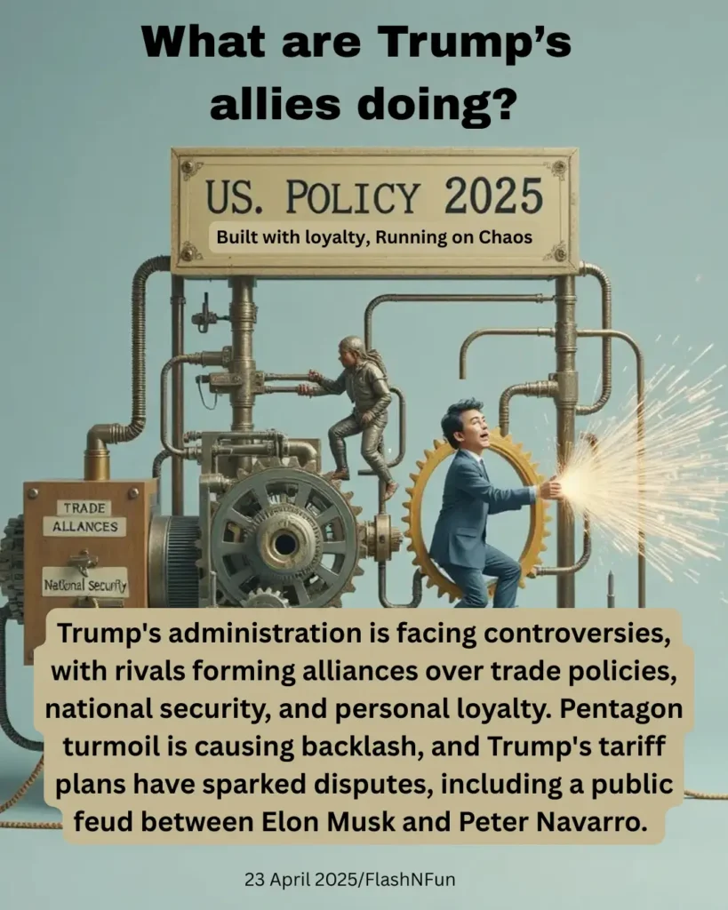 Trump's administration is facing controversies, with rivals forming alliances over trade policies, national security, and personal loyalty. Pentagon turmoil is causing backlash, and Trump's tariff plans have sparked disputes, including a public feud between Elon Musk and Peter Navarro.