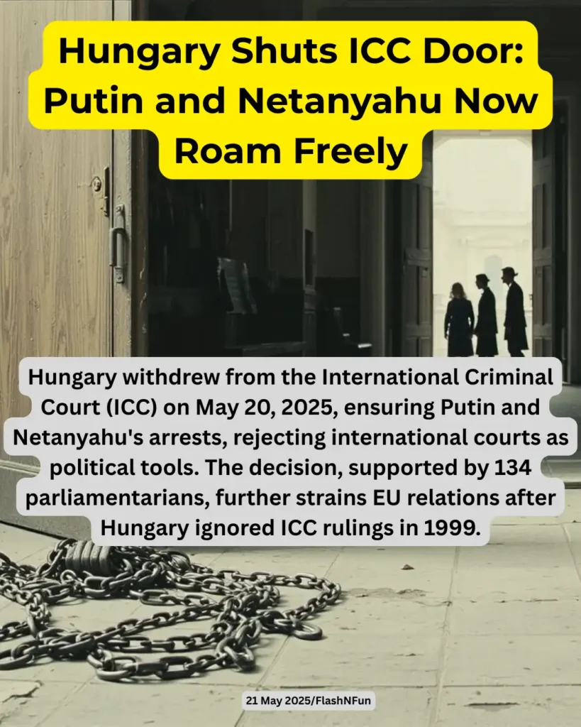 Hungary withdrew from the International Criminal Court (ICC) on May 20, 2025, ensuring Putin and Netanyahu's arrests, rejecting international courts as political tools. The decision, supported by 134 parliamentarians, further strains EU relations after Hungary ignored ICC rulings in 1999.#hungary, #icc, #putin, #netanyahu, #internationalcriminalcourt, #politics, #breakingnews, #worldnews, #europe, #israel, #russia, #viktororban, #eu, #newsupdate, #law, #humanrights, #genocide, #warcrimes, #globalpolitics, #currentaffairs #newsmemes