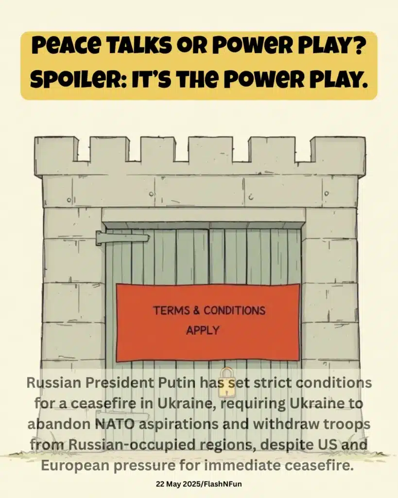 Russian President Putin has set strict conditions for a ceasefire in Ukraine, requiring Ukraine to abandon NATO aspirations and withdraw troops from Russian-occupied regions, despite US and European pressure for immediate ceasefire.
#ukrainewar, #russiaukraineconflict, #putinnews, #peacetalks, #powerplay, #geopolitics, #nato, #europeanpolitics, #internationalrelations, #ceasefire, #worldnews, #politicalmemes, #newsupdate, #currentaffairs, #globalpolitics, #russianpolitics, #ukrainecrisis, #termsandconditions, #flashnfun, #memenews