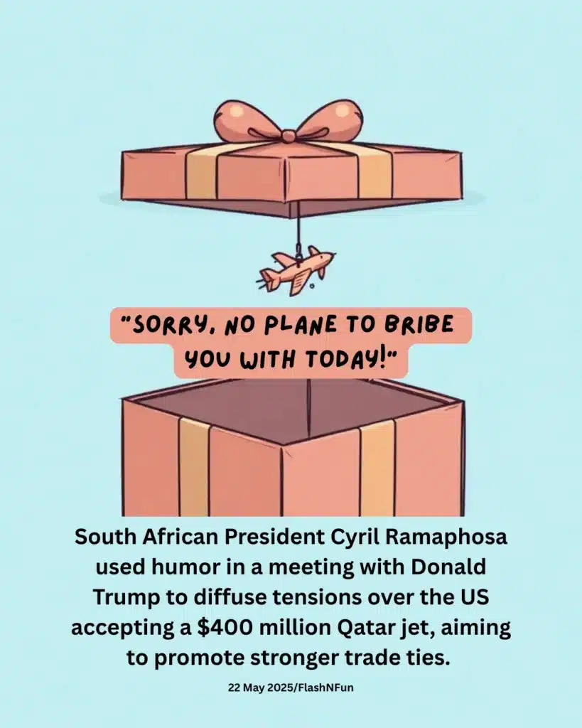 South African President Cyril Ramaphosa used humor in a meeting with Donald Trump to diffuse tensions over the US accepting a $400 million Qatar jet, aiming to promote stronger trade ties.
#politicalmemes, #newsupdate, #trumpnews, #cyrilramaphosa, #uspolitics, #southafricanews, #qatardeal, #diplomatichumor, #globaltrade, #internationalrelations, #worldnews, #currentaffairs, #memenews, #flashnfun, #politicalsatire, #tradeagreements, #usforeignpolicy, #africanpolitics, #humornews, #giftgate