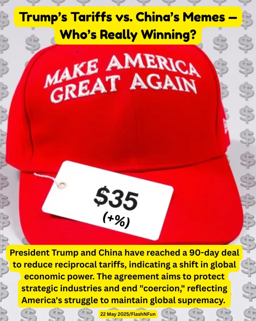 President Trump and China have reached a 90-day deal to reduce reciprocal tariffs, indicating a shift in global economic power. The agreement aims to protect strategic industries and end "coercion," reflecting America's struggle to maintain global supremacy.#trumpnews, #uschina, #tradewar, #tariffs, #makeamericagreatagain, #politicalmemes, #economicpolicy, #globaltrade, #chinavsus, #trumpadministration, #memenews, #currentaffairs, #worldeconomy, #trump2025, #newsupdate, #politicalsatire, #internationalrelations, #uspolitics, #flashnfun, #tradeagreement