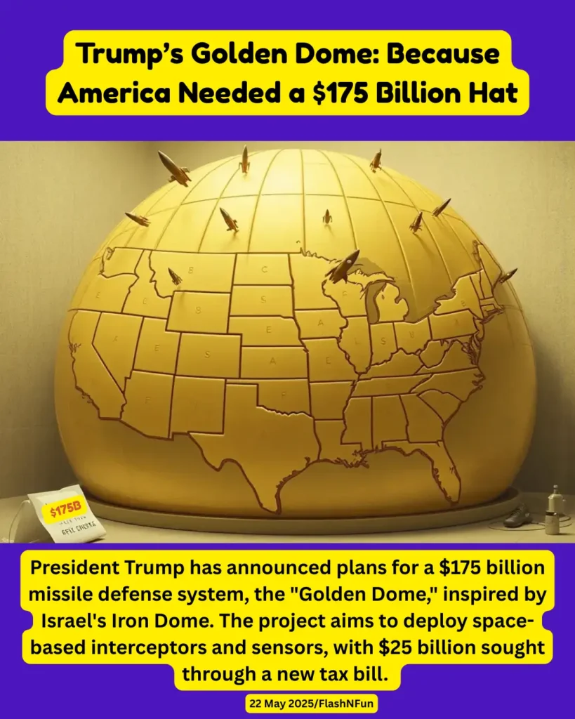President Trump has announced plans for a $175 billion missile defense system, the "Golden Dome," inspired by Israel's Iron Dome. The project aims to deploy space-based interceptors and sensors, with $25 billion sought through a new tax bill.#trumpnews, #goldendome, #uspolitics, #missiledefense, #politicalmemes, #ironinspired, #defensesystem, #worldnews, #currentaffairs, #politicalsatire, #newsupdate, #flashnfun, #trumpadministration, #militaryspending, #usdefense, #globalpolitics, #memenews, #spacebaseddefense, #trumpmemes, #billiondollarprojects