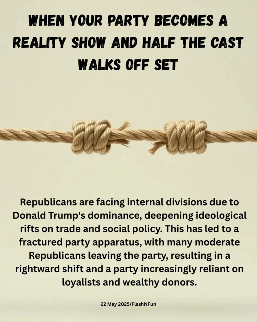 #uspolitics, #republicanparty, #trumpnews, #politicalmemes, #republicandivision, #gop, #politicalhumor, #realityshowpolitics, #americanpolitics, #trumpimpact, #partyfracture, #moderategop,Republicans are facing internal divisions due to Donald Trump's dominance, deepening ideological rifts on trade and social policy. This has led to a fractured party apparatus, with many moderate Republicans leaving the party, resulting in a rightward shift and a party increasingly reliant on loyalists and wealthy donors.#politicalsatire, #politicalcommentary, #trump2025, #gopdrama, #politicalrift, #partypolitics, #currentaffairs, #newsanalysis