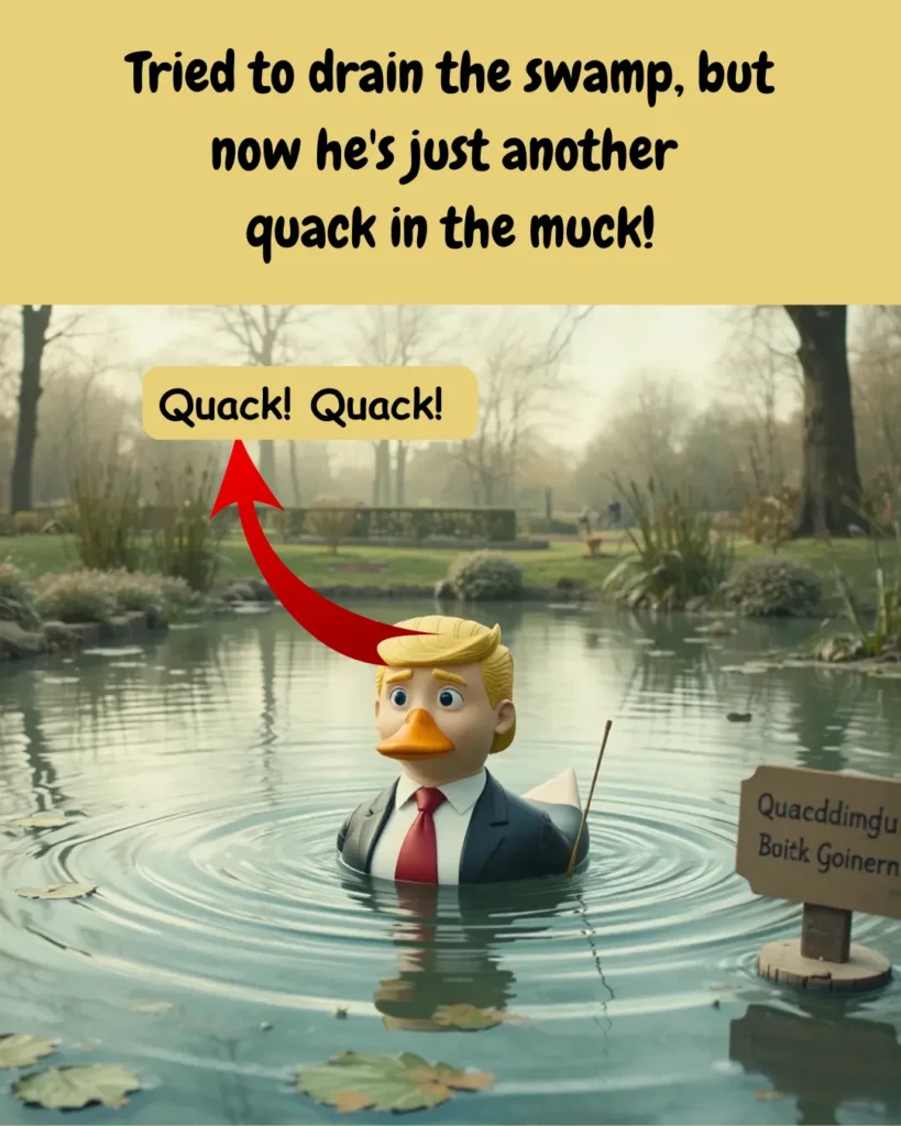 Tried to drain the swamp, but now he's just another quack in the muck!#donaldduck, #trumpmeme, #politicalhumor, #swampdrain, #quackinthemuck, #funnynews, #memesdaily, #satire, #currentevents, #uspolitics, #cartoonmeme, #viralcontent, #humorgram, #trendingmemes, #politicalsatire, #memeoftheday, #laughoutloud, #socialcommentary, #internetmemes, #comedycentral