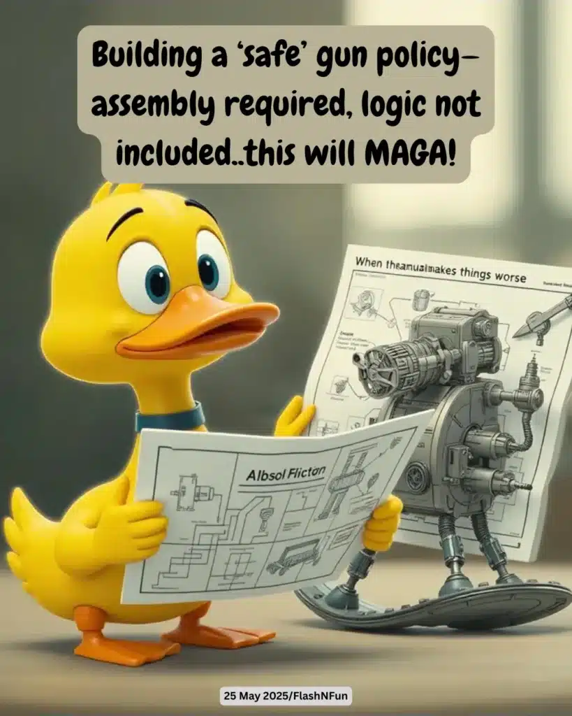 Building a ‘safe’ gun policy—assembly required, logic not included...this will MAGA!#donaldduck, #gunpolicy, #politicalmemes, #magamemes, #funnyduck, #cartoonhumor, #memes2025, #satiregram, #uspolitics, #assemblyrequired, #logicnotincluded, #currentevents, #viralhumor, #flashnfun, #trendingmemes, #memeoftheday, #comedycentral, #internetmemes, #policyfail, #makeamericagreatagain