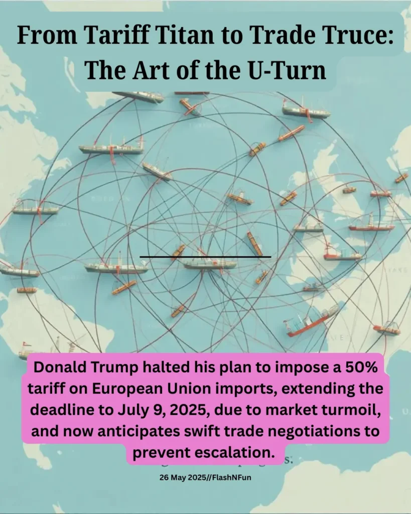 Donald Trump halted his plan to impose a 50% tariff on European Union imports, extending the deadline to July 9, 2025, due to market turmoil, and now anticipates swift trade negotiations to prevent escalation.#tradenews, #trumptariffs, #uspolitics, #euimport, #tariffupdate, #globaltrade, #economynews, #marketnews, #tradepolicy, #internationaltrade, #tradeagreement, #worldeconomy, #tradeconflict, #businessnews, #importexport, #tradewar, #economicpolicy, #breakingnews, #flashnfun, #tradenegotiations
