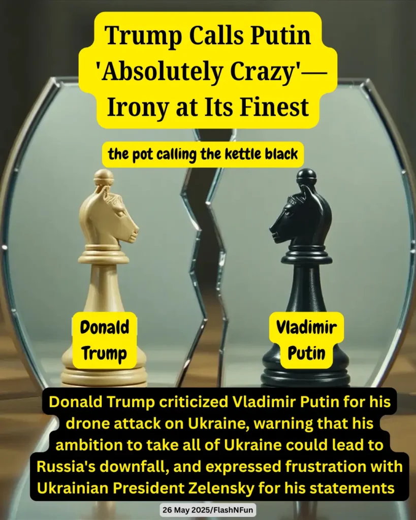 Donald Trump criticized Vladimir Putin for his drone attack on Ukraine, warning that his ambition to take all of Ukraine could lead to Russia's downfall, and expressed frustration with Ukrainian President Zelensky for his statements.#donaldtrump, #vladimirputin, #trumpnews, #putinnews, #ukrainewar, #russiaukraine, #zelensky, #politicalmemes, #irony, #trumpputin, #worldnews, #geopolitics, #trumpquotes, #putinattack, #russianinvasion, #uspolitics, #breakingnews, #memenews, #satirenews, #flashnfun