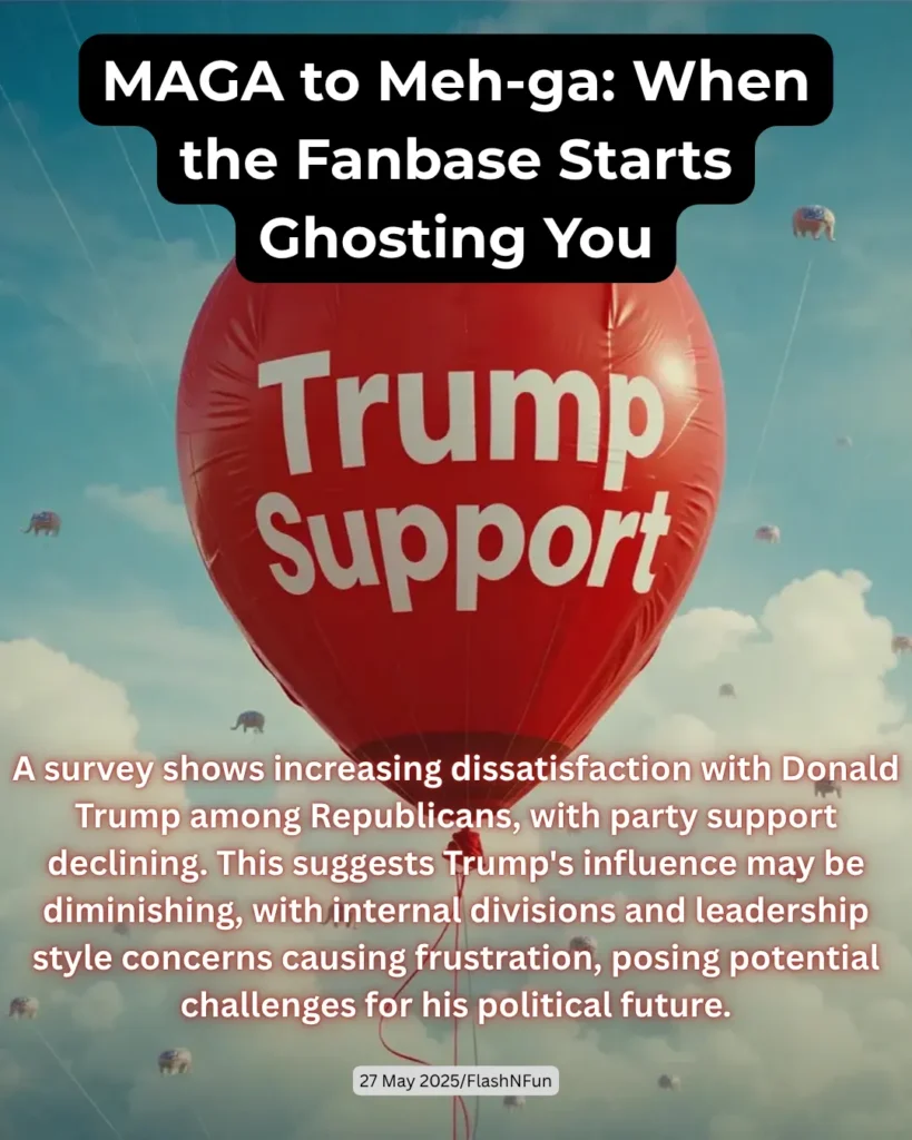 A survey shows increasing dissatisfaction with Donald Trump among Republicans, with party support declining. This suggests Trump's influence may be diminishing, with internal divisions and leadership style concerns causing frustration, posing potential challenges for his political future.
