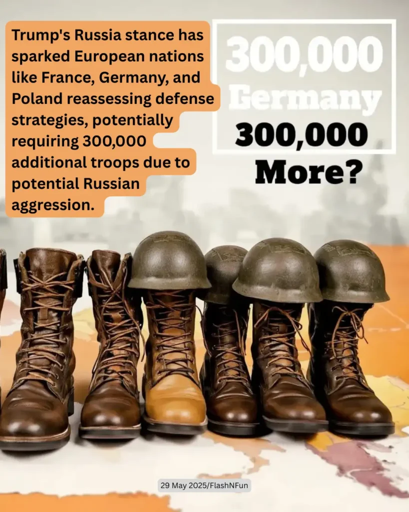 Trump's Russia stance has sparked European nations like France, Germany, and Poland reassessing defense strategies, potentially requiring 300,000 additional troops due to potential Russian aggression.#trumpnews, #russiaaggression, #europeandefense, #germanymilitary, #francearmy, #polandtroops, #natoalert, #militarybuildup, #geopoliticaltensions, #russiathreat, #europenews, #globalsecurity, #troopdeployment, #defensestrategy, #flashnfunnews, #300000troops, #may292025, #militaryboots, #internationalrelations, #usforeignpolicy