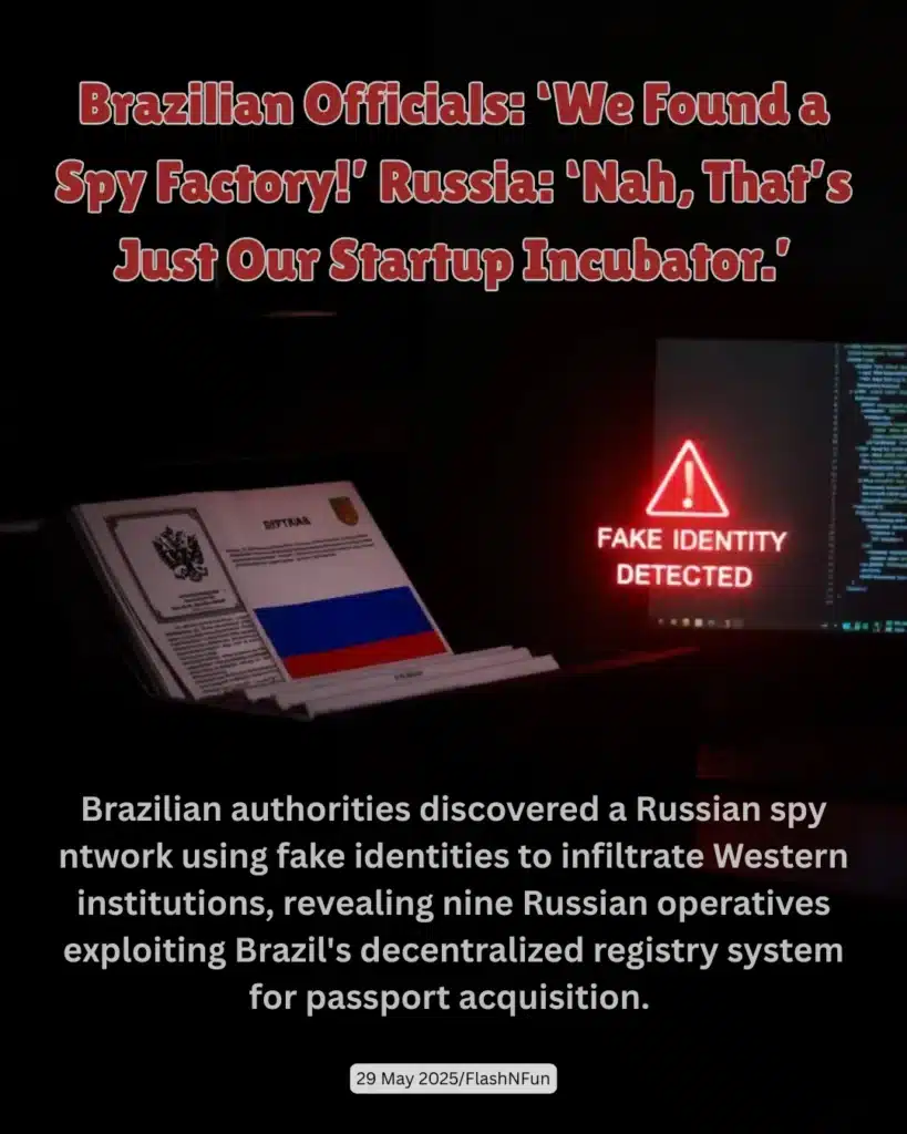 Brazilian authorities discovered a Russian spy ntwork using fake identities to infiltrate Western institutions, revealing nine Russian operatives exploiting Brazil's decentralized registry system for passport acquisition.#russianspyring, #brazilspyfactory, #fakeidentities, #passportfraud, #cybersecuritybreach, #internationalespionage, #russianoperatives, #brazilnews, #identitytheft, #spyincubator, #russiaintelligence, #globalintelligence, #startupcover, #digitalsecurity, #westerninstitutions, #decentralizedregistry, #securitythreat, #flashnfunnews, #29may2025, #techfraud
