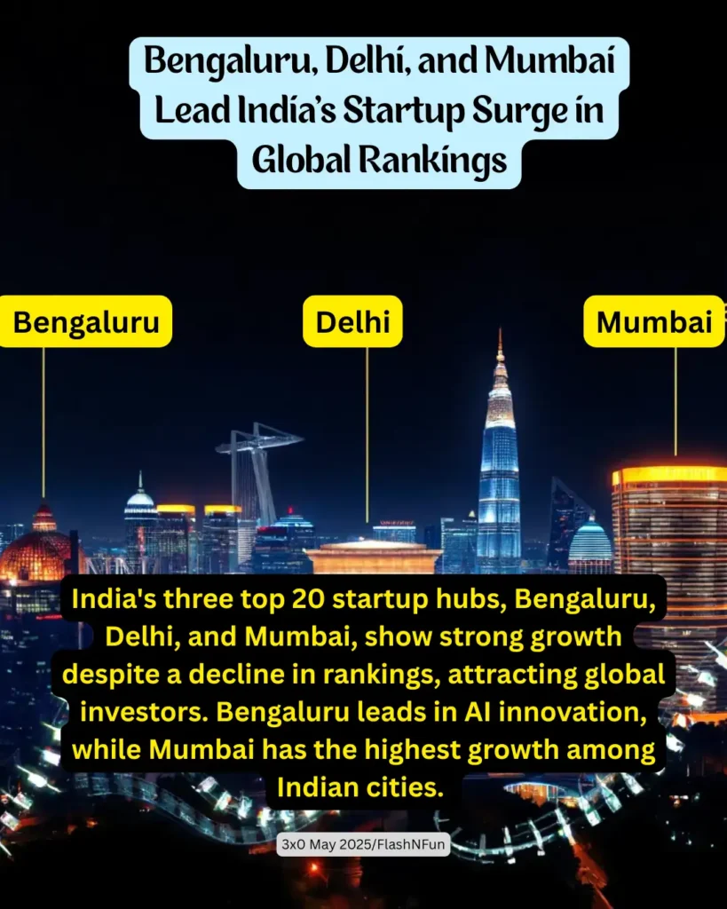 India’s Startup Surge in Global Rankings - India's three top 20 startup hubs, Bengaluru, Delhi, and Mumbai, show strong growth despite a decline in rankings, attracting global investors. Bengaluru leads in AI innovation, while Mumbai has the highest growth among Indian cities.
#indiastartups, #bengalurustartups, #delhistartups, #mumbaistartups, #startupindia, #techinnovation, #ainnovation, #indiangrowth, #venturecapital, #globalrankings, #indiatech, #startuphub, #bengaluruleads, #mumbaigrowth, #delhitech, #flashnfunnews, #indianeconomy, #entrepreneurshipindia, #startupecosystem, #indiainnovation