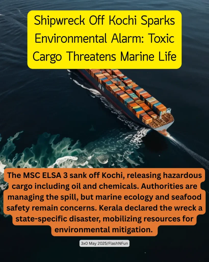 The MSC ELSA 3 sank off Kochi, releasing hazardous cargo including oil and chemicals. Authorities are managing the spill, but marine ecology and seafood safety remain concerns. Kerala declared the wreck a state-specific disaster, mobilizing resources for environmental mitigation.#kochishipwreck, #environmentaldisaster, #marinepollution, #toxicspill, #keralanews, #oilspill, #chemicalleak, #marineecology, #marinelife, #seafoodsafety, #shipwreckalert, #environmentalhazard, #indiamarine, #keraladisaster, #flashnfunnews, #mscelsa3, #oceanpollution, #marineresources, #ecologicalimpact, #coastalsafety