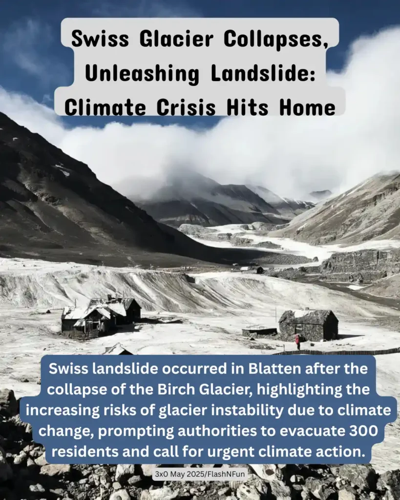 Swiss landslide occurred in Blatten after the collapse of the Birch Glacier, highlighting the increasing risks of glacier instability due to climate change, prompting authorities to evacuate 300 residents and call for urgent climate action.#climatecrisis, #glaciercollapse, #swissalps, #landslidealert, #climatechange, #globalwarming, #environmentalnews, #disasterresponse, #glaciermelting, #climateaction, #savetheplanet, #switzerlandnews, #glacierretreat, #naturaldisaster, #blatten, #ecoawareness, #climateemergency, #climatenews, #flashnfunnews, #naturealert