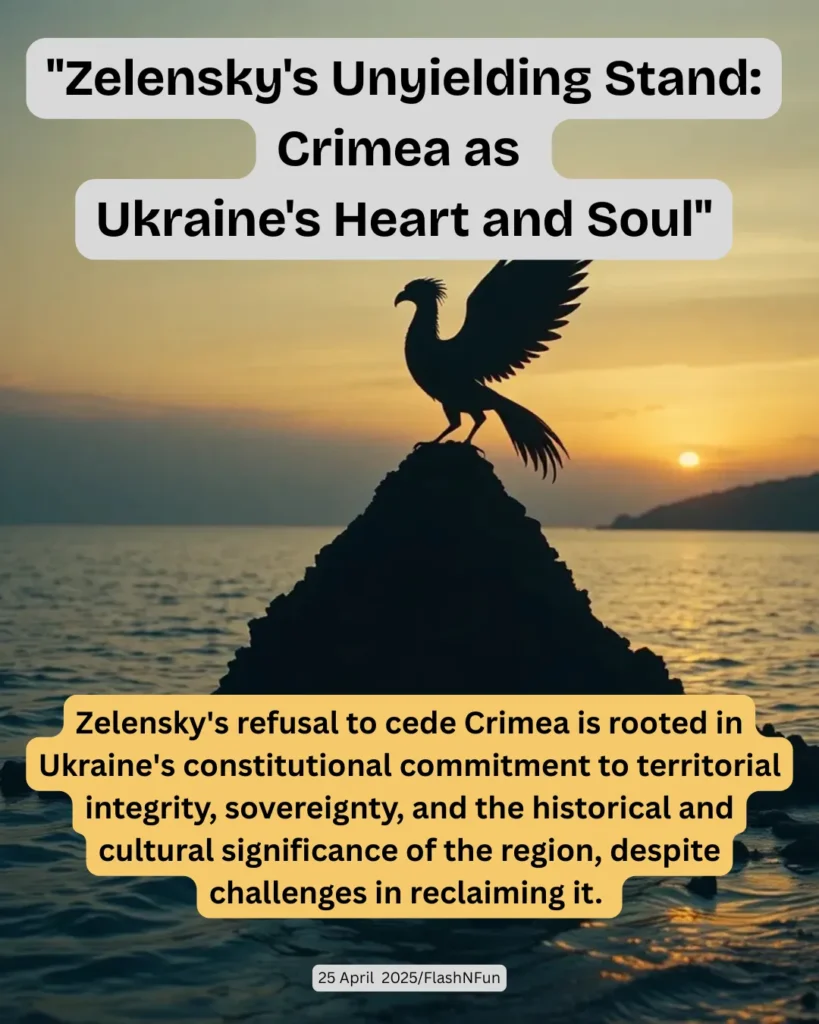 Zelensky's refusal to cede Crimea is rooted in Ukraine's constitutional commitment to territorial integrity, sovereignty, and the historical and cultural significance of the region, despite challenges in reclaiming it.