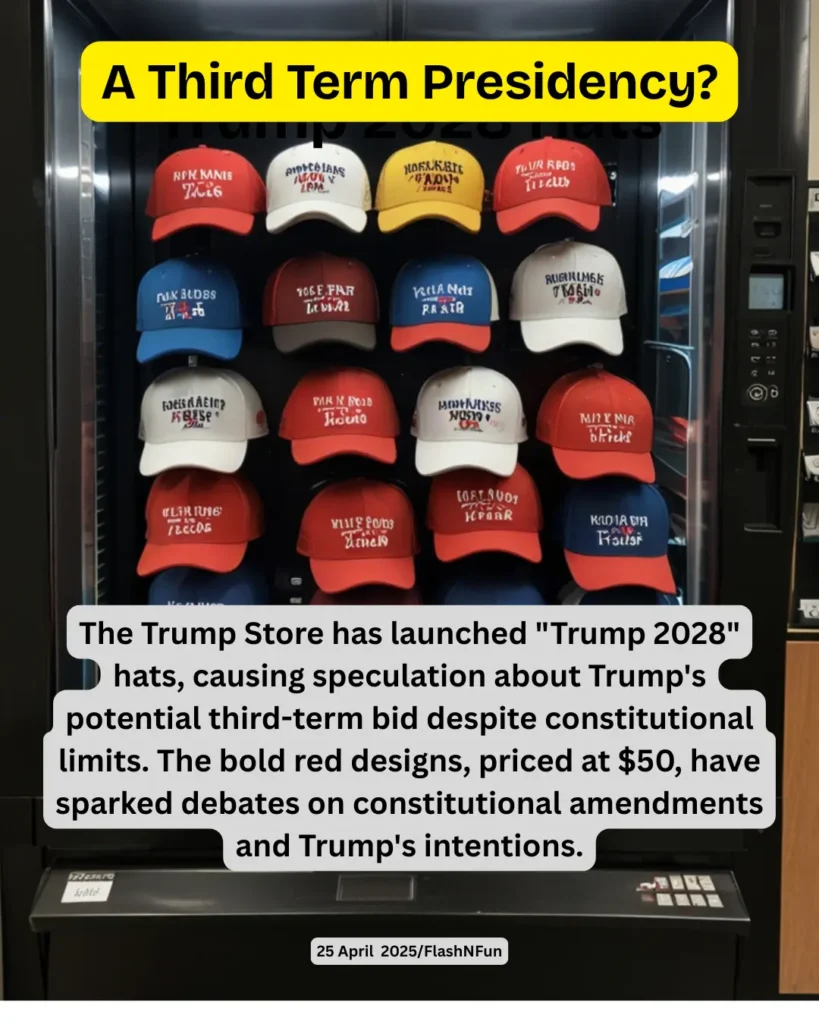 The Trump Store has launched "Trump 2028" hats, causing speculation about Trump's potential third-term bid despite constitutional limits. The bold red designs, priced at $50, have sparked debates on constitutional amendments and Trump's intentions.