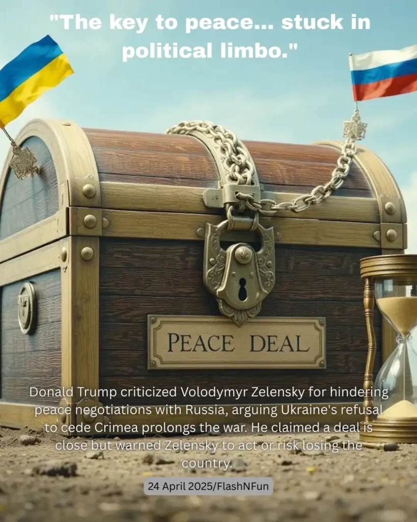 Donald Trump criticized Volodymyr Zelensky for hindering peace negotiations with Russia, arguing Ukraine's refusal to cede Crimea prolongs the war. He claimed a deal is close but warned Zelensky to act or risk losing the country.