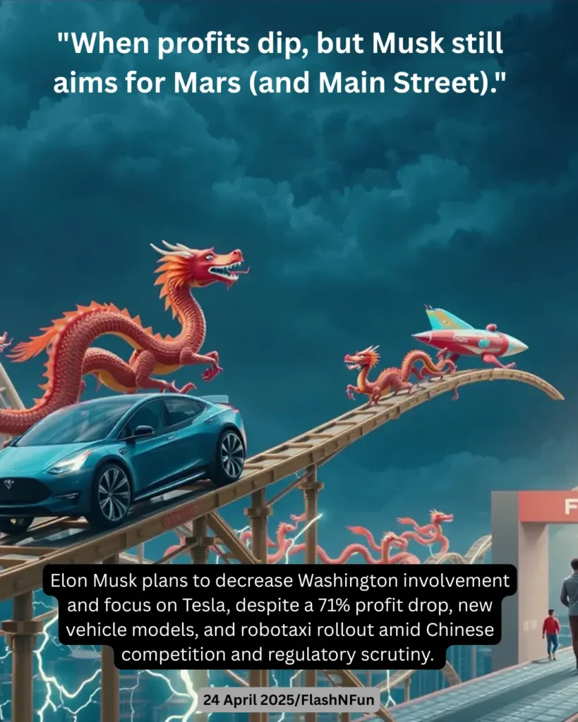 Elon Musk plans to decrease Washington involvement and focus on Tesla, despite a 71% profit drop, new vehicle models, and robotaxi rollout amid Chinese competition and regulatory scrutiny.