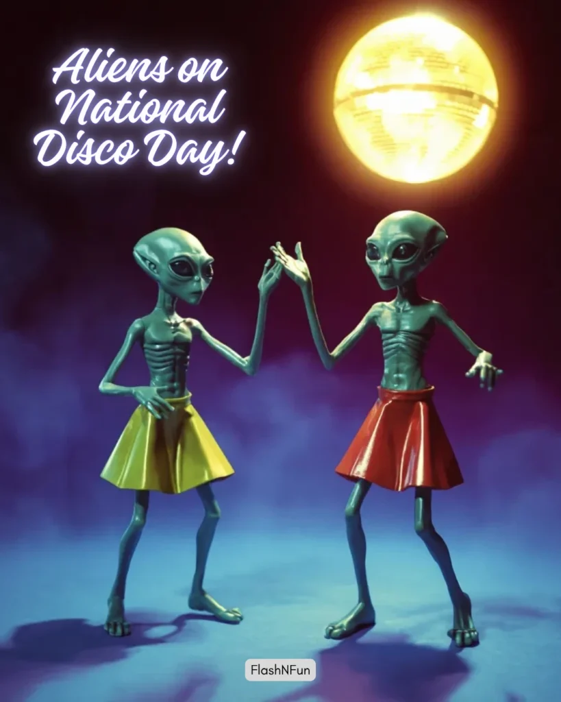 National Disco Day celebrates the glittering legacy of 1970s disco culture, from funky beats and mirror balls to platform shoes and dancefloor freedom. Itโs a day to relive the joy of movement, self-expression, and the unifying power of music.#nationaldiscoday, #aliendisco, #dancingaliens, #discofun, #extraterrestrialdance, #discopartyart, #intergalacticgroove, #alienillustration, #funnyaliens, #cosmicdance, #spaceparty, #discodayoutfits, #discocelebration, #alienfashion, #nationalholidayart, #discohumor, #creativecartoon, #alienvibes, #funkyaliens, #discoart2025, #spacethemedart, #discoalienscene, #illustratedaliens, #dancefloorvibes, #flashnfunstyle