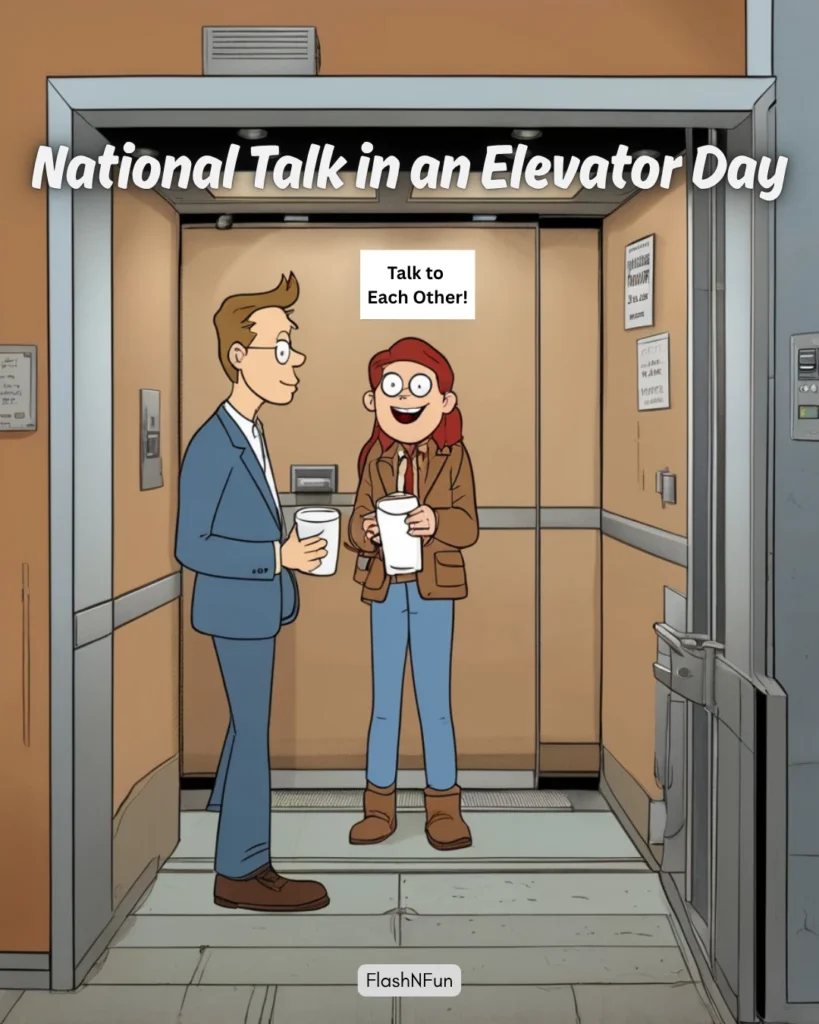 Elevators are famously awkward zones of silence. This day flips that script, encouraging people to break the ice with a smile, a compliment, or a lighthearted question. Itโs about turning fleeting moments into micro-connections.
๐ฌ A Nudge Toward Human Connection
In our screen-obsessed world, this day reminds us that face-to-face conversation still matters. A simple โhelloโ in an elevator can brighten someoneโs day, reduce social anxiety, and even lead to unexpected friendships.
๐ง A Boost for Mental Well-being
Studies show that casual social interactions โ even brief ones โ can improve mood and reduce stress. This day encourages us to step out of our comfort zones and into a more connected mindset.
๐ข A Workplace Icebreaker
Itโs also a great opportunity to foster camaraderie in office buildings. Imagine coworkers bonding over elevator trivia or sharing weekend plans between floors!So next time the elevator doors close, donโt just stare at the numbers โ start a conversation. Who knows? You might just elevate someoneโs day. ๐กโจ
Want a few fun conversation starters or elevator-themed content ideas for FlashnFun? Iโve got a whole floor of them ready!#nationaltalkinanelevatorday, #talkinanelevator, #elevatorday, #awkwardelevator, #makeconversation, #randomchat, #smalltalkday, #talktostrangers, #elevatorchats, #funnyholidays, #julyfun, #nationaldays, #elevatorencounters, #quirkyholidays, #socialinteraction, #breaktheice, #nationaldaycalendar, #julycelebrations, #cartoonfun, #officehumor, #startaconversation, #talkmore, #unexpectedmoments, #elevatorvibes, #flashnfun