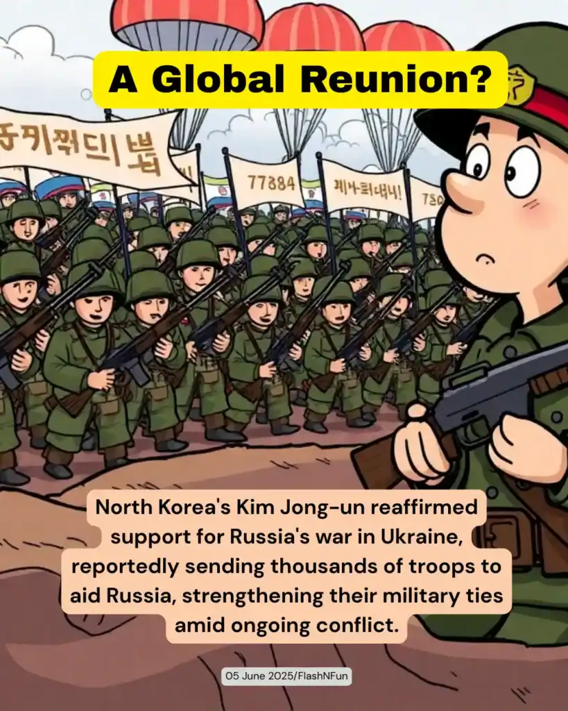 North Korea's Kim Jong-un reaffirmed support for Russia's war in Ukraine, reportedly sending thousands of troops to aid Russia, strengthening their military ties amid ongoing conflict.#northkorea, #russiaukrainewar, #kimjongun, #geopolitics, #globalconflict, #militaryalliance, #internationalrelations, #flashnfun, #politicalmeme, #warnews, #defenseupdate, #globaltensions, #eastasia, #ukrainewarupdate, #russianarmy, #militarysupport, #wartimepolitics, #conflictzone, #globalreunion, #paratroopers, #cartoonmeme, #worldnews2025, #newsanalysis, #satiricalmeme, #currentaffairs