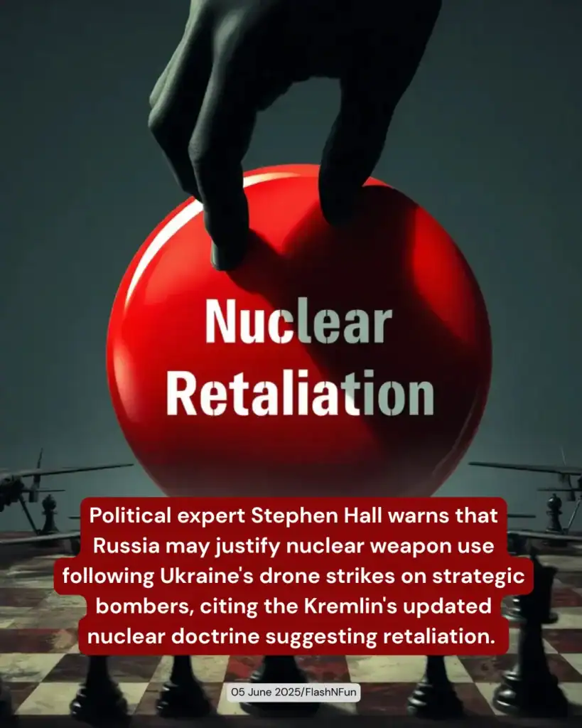 Political expert Stephen Hall warns that Russia may justify nuclear weapon use following Ukraine's drone strikes on strategic bombers, citing the Kremlin's updated nuclear doctrine suggesting retaliation.#nuclearretaliation, #russiaukrainewar, #stephenhall, #strategicbombers, #dronestrikes, #kremlinpolicy, #geopoliticalrisk, #nucleardoctrine, #globaltensions, #nuclearthreat, #worldatwar, #flashnfun, #militarynews, #nuclearweapons, #politicalalert, #internationalcrisis, #chessboardpolitics, #wartimeupdate, #securitythreat, #russianmilitary, #ukraineconflict, #waranalysis, #currentgeopolitics, #crisis2025, #nuclearwarning