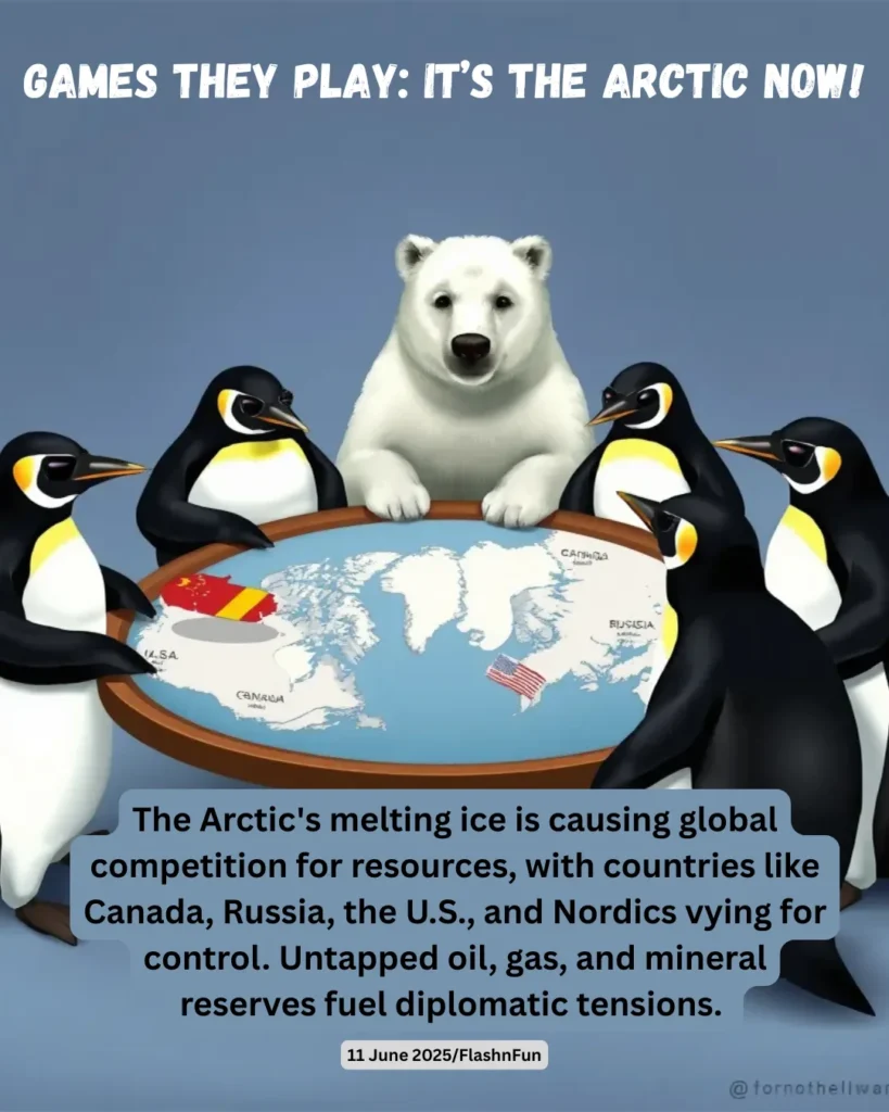 The Arctic's melting ice is sparking global competition for resources, with Canada, Russia, the U.S., and Nordic countries vying for control. The region’s geopolitical significance is growing due to its untapped oil, gas, and mineral reserves, while climate change accelerates accessibility, fueling diplomatic tensions and strategic maneuvering over territorial claims and economic interests.#arcticpolitics, #globalwarming, #climatechange, #arcticrace, #resourcewar, #meltingice, #arcticconflict, #polarregions, #geopolitics, #oilgaswars, #environmentalcrisis, #flashnfun, #penguinsvsbear, #coldwar2, #climatealert, #greenlandice, #nordicnations, #usvsrussia, #arcticfuture, #natureincrisis, #politicalcartoon, #newsillustration, #arctictensions, #climateactionnow, #globalresourcewar
