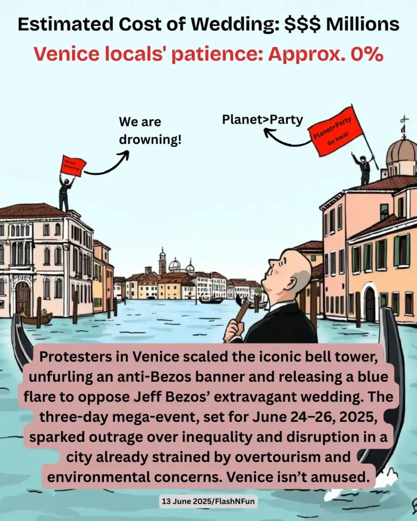 Protesters in Venice scaled the iconic bell tower, unfurling an anti-Bezos banner and releasing a blue flare to oppose Jeff Bezos’ extravagant wedding. The three-day mega-event, set for June 24–26, 2025, sparked outrage over inequality and disruption in a city already strained by overtourism and environmental concerns. Venice isn’t amused.#veniceprotest, #antibezos, #weddingoutrage, #climatejustice, #megaweddingmadness, #localsfightback, #overtourismcrisis, #canalchaos, #protestbanner, #flashnfun, #iconicbelltower, #blueflare, #venicedisruption, #corporateexcess, #publicrage, #billionairedrama, #peoplevsprofit, #climatevscelebrity, #urbanresistance, #socialsatire, #visualprotest, #cityunderstrain, #veniceuprising, #saynotoluxury, #activismart