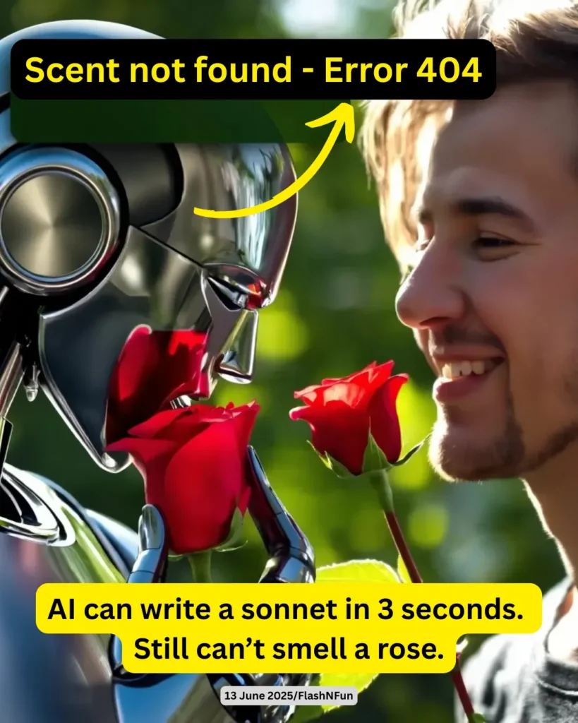 AI can write a sonnet in 3 seconds.
Still can’t smell a rose.#aiartfail, #error404, #scentnotfound, #aihumor, #techsatire, #robotvshuman, #sonnetvsrose, #digitalirony, #flashnfun, #roboticlimitations, #artificialintelligence, #humanexperience, #smelltheflowers, #creativegap, #funnymemes, #aijokes, #touchandfeel, #techlol, #aivsreality, #flowersniffingfail, #aiquote, #naturevsai, #nostalgicreality, #robotfail, #machinelearninghumor