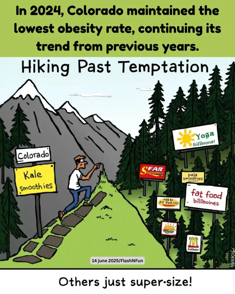 In 2024, Colorado maintained the lowest obesity rate, continuing its trend from previous years. Mississippi ranks as the most obese U.S. state in the 2024 data set.#colorado, #healthylifestyle, #obesityrate, #fitstate, #2024statistics, #mountainhiking, #wellnessjourney, #kalesmoothie, #yogavibes, #fastfoodnation, #supersizeme, #cartoonmeme, #publichealth, #fitnessgoals, #dietchoices, #healthyindia, #eatclean, #fitspiration, #healthhumor, #wellbeingwarrior, #visualstorytelling, #infographiccontent, #lifestylematters, #fitnessfirst, #flashnfun