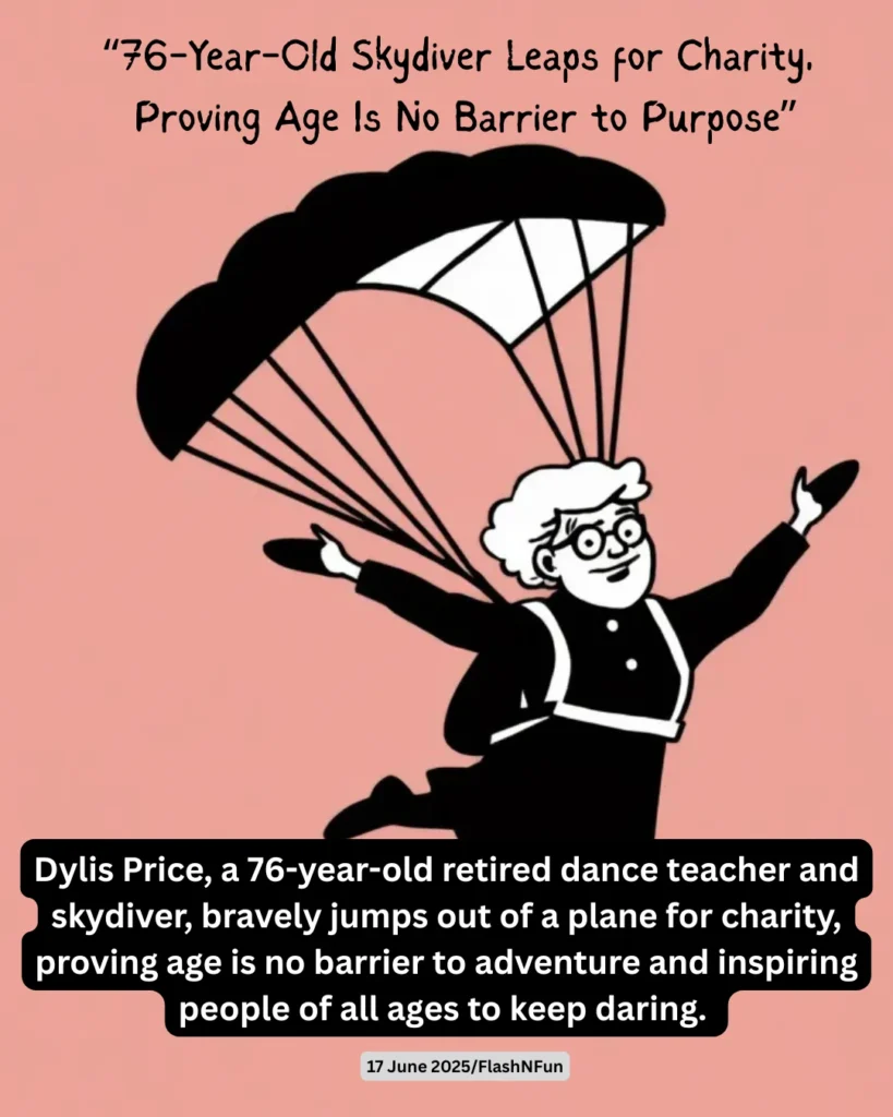 Dylis Price, a 76-year-old retired dance teacher and skydiver, bravely jumps out of a plane for charity, proving age is no barrier to adventure and inspiring people of all ages to keep daring.#skydiving, #charityevent, #inspiration, #ageisjustanumber, #adventure, #bravery, #seniorcitizens, #dylisprice, #retirementgoals, #skydiver, #danceinstructor, #nonprofit, #fundraising, #extremesports, #lifegoals, #motivational, #fearless, #activeaging, #skydivingforcharity, #senioradventures
