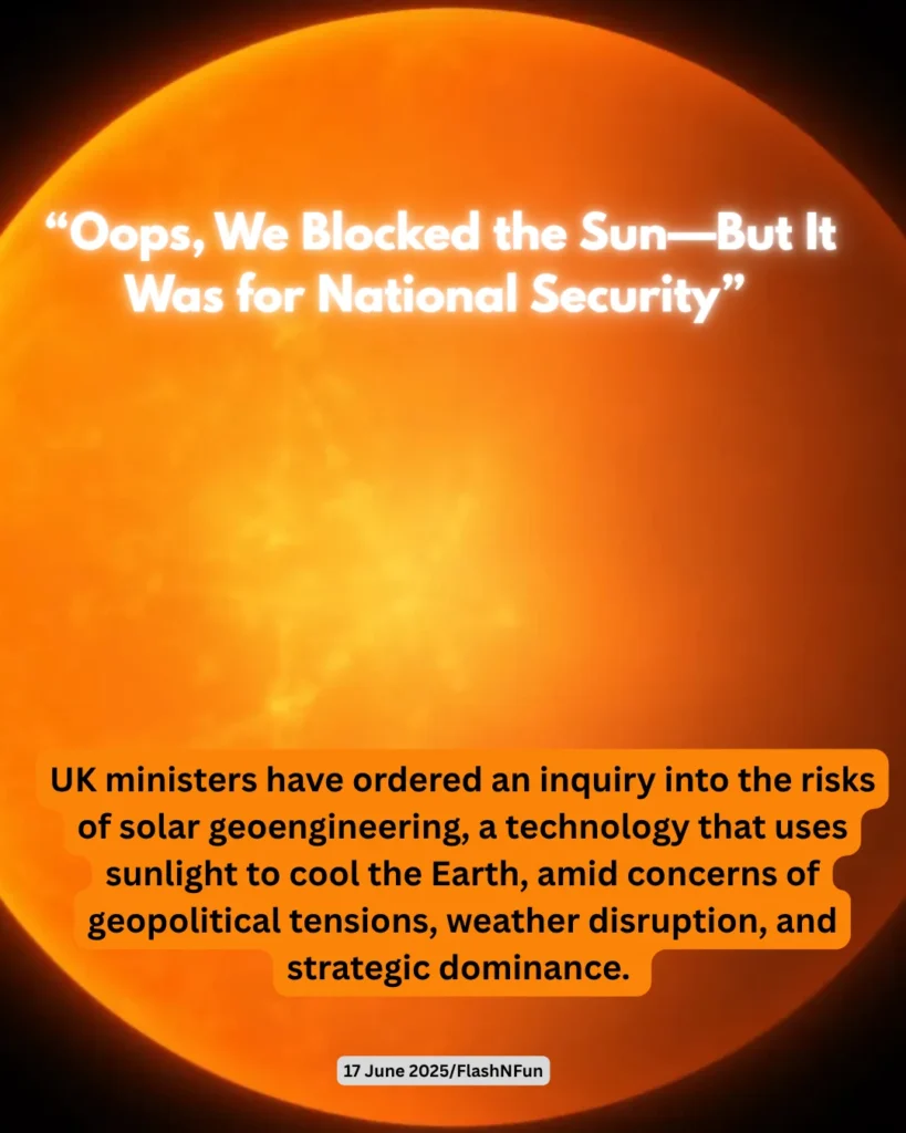 UK ministers have ordered an urgent inquiry into the potential risks of “sun-dimming” technologies amid fears hostile states could weaponize them. Known as solar geoengineering, these climate interventions aim to reflect sunlight to cool the Earth—but experts warn they could trigger geopolitical tensions, disrupt weather systems, or be exploited for strategic dominance.#solargeoengineering, #nationalsecurity, #ukministers, #climatechange, #geopoliticaltensions, #weatherdisruption, #strategicdominance, #coolingtheearth, #sunlightblocking, #environmentalrisks, #geoengineeringinquiry, #flashnfun, #june2025, #solartechnology, #earthcooling, #climatecontrol, #globalwarming, #environmentalimpact, #technologicalrisks, #climatepolicy