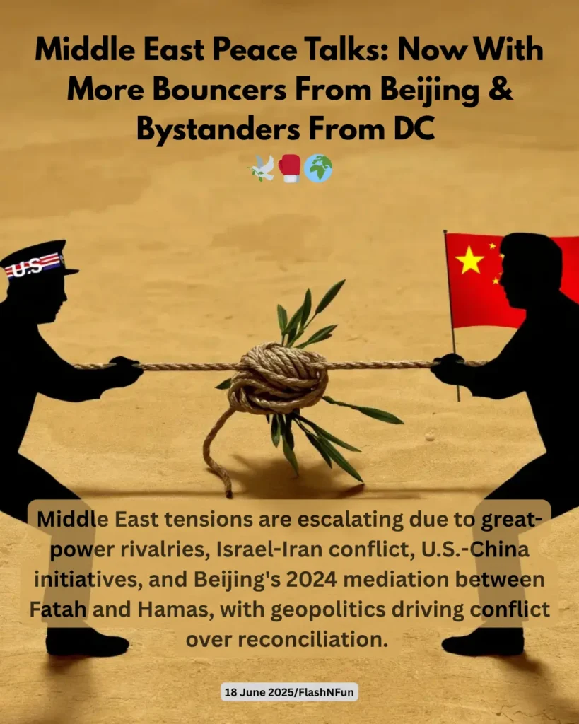 Middle East tensions are escalating due to great-power rivalries, Israel-Iran conflict, U.S.-China initiatives, and Beijing's 2024 mediation between Fatah and Hamas, with geopolitics driving conflict over reconciliation.#middleeastpeace, #beijingmediation, #uschinatactics, #israeliran, #geopoliticalstrategy, #flashnfun, #diplomaticgame, #globalrivalries, #peacepolitics, #powerdynamics, #fatahhamas, #conflicttalks, #visualpolitics, #internationalfocus, #reconciliationefforts, #tugofwarpower, #foreignrelations, #2025geopolitics, #worldnewsupdate, #influencewars
