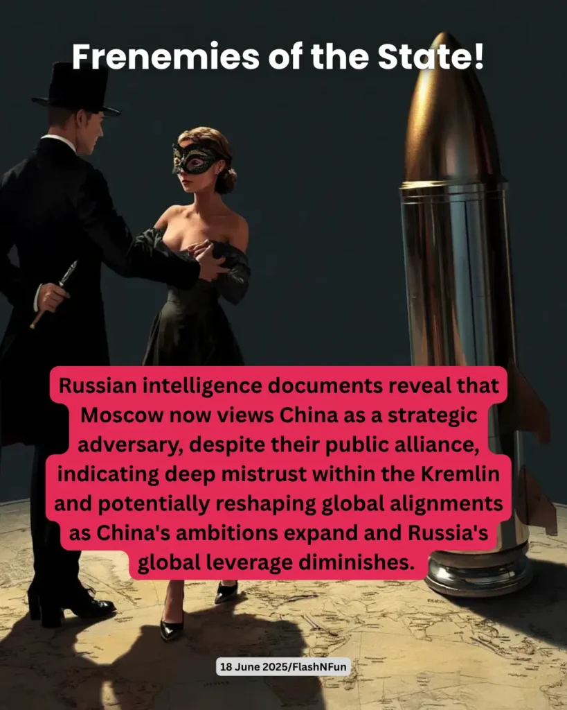 Russian intelligence documents reveal that Moscow now views China as a strategic adversary, despite their public alliance, indicating deep mistrust within the Kremlin and potentially reshaping global alignments as China's ambitions expand and Russia's global leverage diminishes.#frenemiesofthestate, #russiachina, #strategicadversaries, #kremlinsecrets, #chinaambitions, #geopoliticalrift, #globalalliances, #hiddenrivalries, #foreignpolicywatch, #flashnfun, #powerpolitics, #russianintel, #chinadiplomacy, #statecraftdecoded, #globaldistrust, #2025worldorder, #diplomaticdrama, #eastwesttensions, #influencegame, #geostrategyunveiled