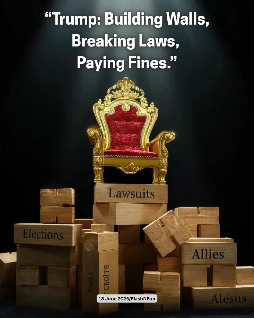 Trump: Building Walls, Breaking Laws, Paying Fines#trumpmemes, #politicalsatire, #flashnfun, #lawsuitdrama, #election2025, #americanpolitics, #goldenthrone, #justicecommentary, #trumpnews, #powerstruggles, #visualpolitics, #finesandfallouts, #republicandrama, #courtroomchronicles, #politicalcarousel, #legalfoundation, #2025buzz, #politicalhumor, #truthinlayers, #trumpaftermath