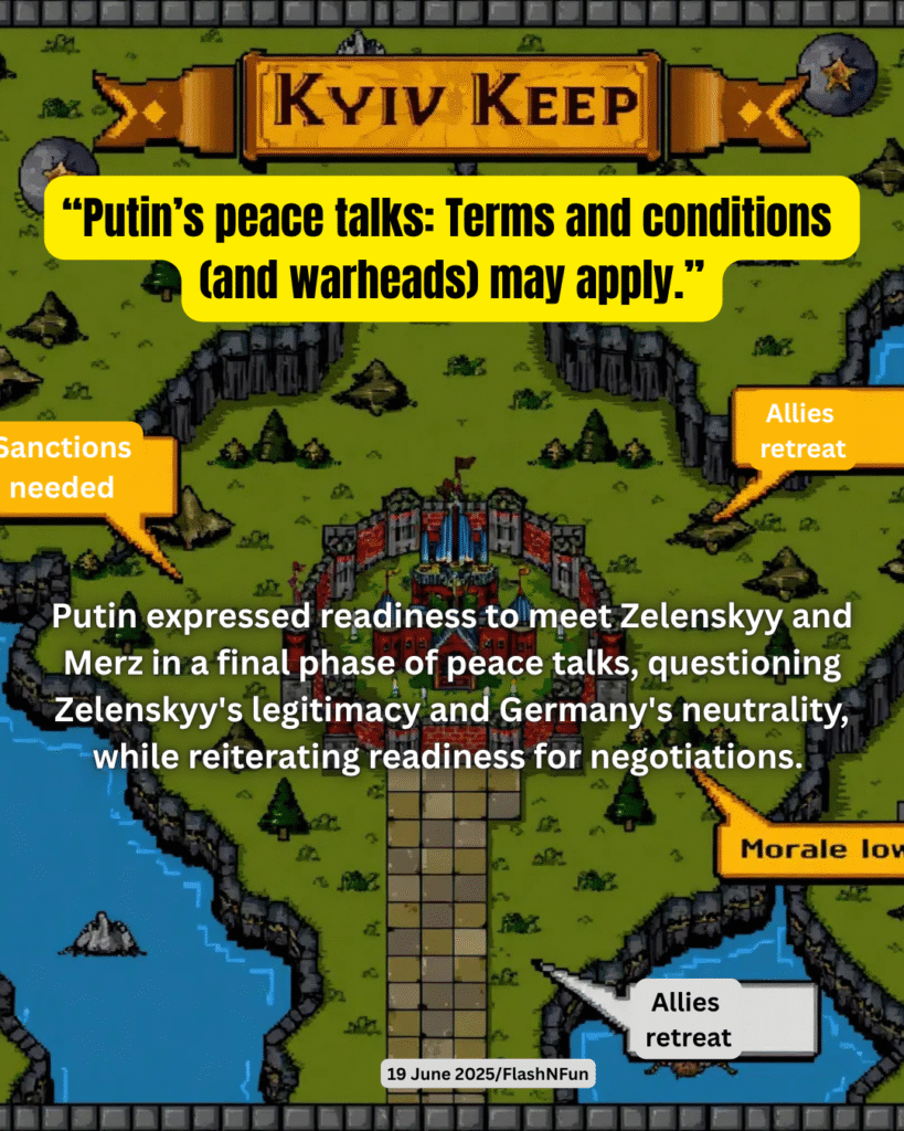 Putin expressed readiness to meet Zelenskyy and Merz in a final phase of peace talks, questioning Zelenskyy's legitimacy and Germany's neutrality, while reiterating readiness for negotiations.#putinsconditions, #warheadwarning, #kyivconflict, #peacetalksatwhatcost, #diplomatictheater, #zelenskyy, #merz, #kremlinscript, #flashnfun, #memecommentary, #politicalpixelart, #alliesretreat, #nuclearnegotiations, #2025geopolitics, #worldpeaceparadox, #russianultimatums, #mistrustinallies, #coldwarmeme, #truthinlayers, #internationalcrisis