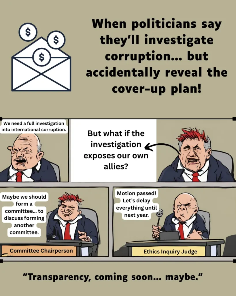 When politicians say they’ll investigate corruption… but accidentally reveal the cover-up plan!#politicalcartoon, #corruptionexposed, #coverup, #governmentaccountability, #politicalsatire, #ethicsinpolitics, #committeejoke, #investigationdelay, #transparencyfail, #mockthesystem, #politicalhumor, #satiricalart, #cartooncommentary, #justiceparody, #truthdelayed, #politicalmemes, #fakeinvestigations, #corruptionwatch, #governmentsatire, #bureaucracyfail