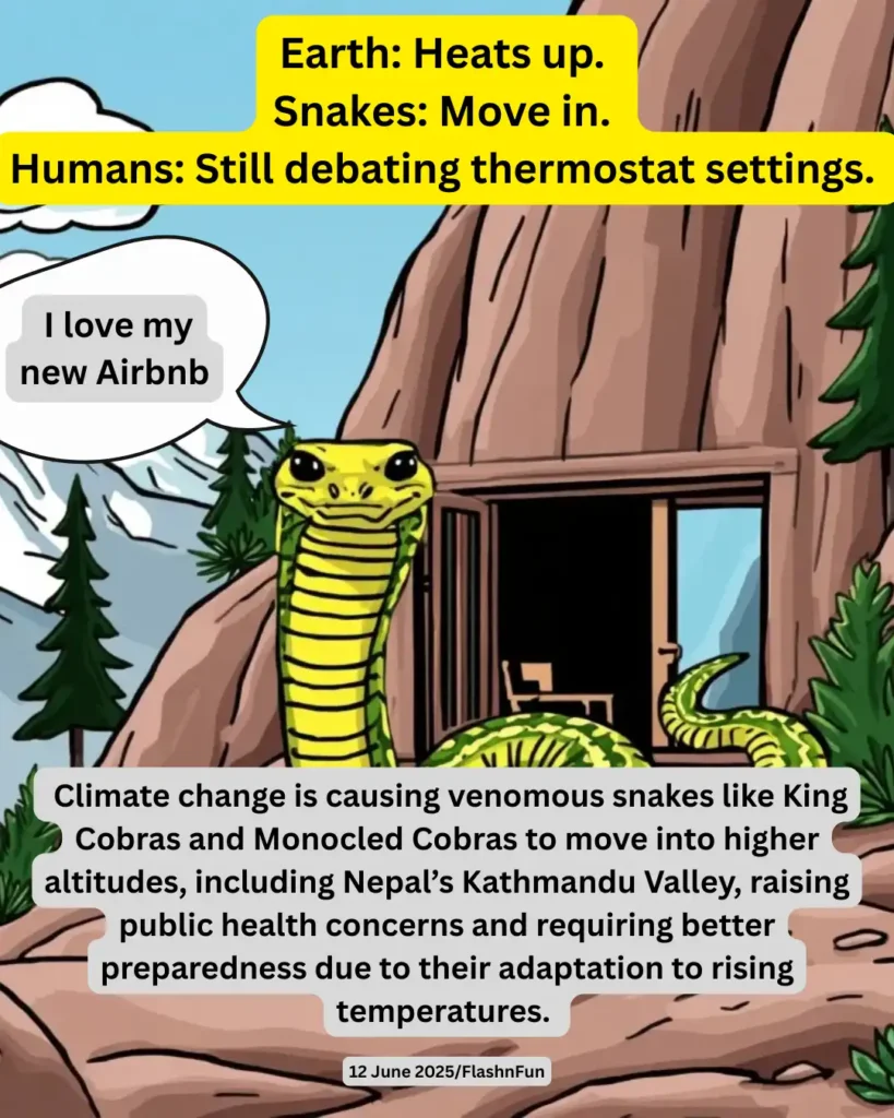 Climate change is causing venomous snakes like King Cobras and Monocled Cobras to move into higher altitudes, including Nepal’s Kathmandu Valley, raising public health concerns and requiring better preparedness due to their adaptation to rising temperatures.#climatechange, #globalwarming, #risingtemperatures, #altitudemigration, #venomoussnakes, #kingcobra, #monocledcobra, #wildlifemovement, #climateimpact, #snakehabitatshift, #nepalwildlife, #himalayanmigration, #ecologicaldisruption, #urbanencounters, #publichealththreat, #kathmanduvalley, #adaptationstrategy, #biodiversityshift, #environmentalcrisis, #climatechaos, #flashnfun, #reptilesinthemountains, #warmingplanet, #natureadaptation, #ecosystemshift