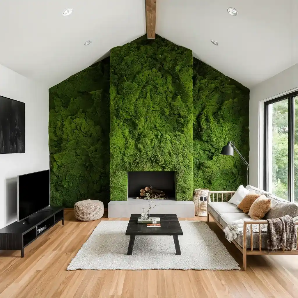 How do moss walls help with carbon dioxide and indoor air quality?Moss absorbs carbon dioxide and certain airborne toxins directly through its surface. Some species absorb CO₂ more efficiently than trees per square meter, especially in compact environments. While preserved moss walls aren’t photosynthesizing, they still function as static carbon sinks and air filters.A cozy family room with a moss wall adding to the charm#mosswall, #greenwall, #livingwall, #verticalgarden, #carboncapture, #co2absorption, #ecoarchitecture, #sustainableinteriors, #urbangreening, #airpurification, #biophilicdesign, #natureindoors, #indoorairquality, #lowmaintenanceplants, #acousticdesign, #greendecor, #sustainableliving, #greenbuilding, #plantwall, #cleanairsolution, #mossdecor, #indoorplantscape, #climatesmart, #ecodesign, #wallartwithpurpose